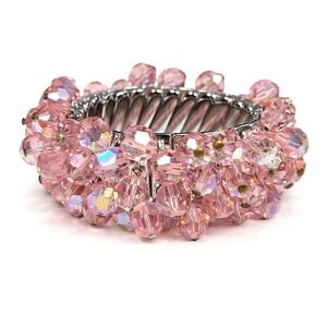 Vintage Pink AB Crystal Bead Cha Cha Bracelet Faceted Stretch Cluster Japan MCM